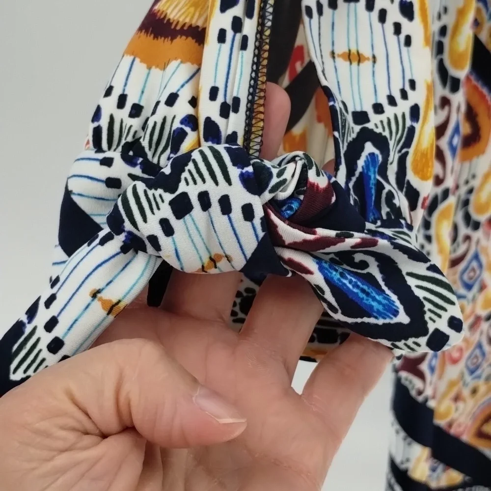 Chico's Ikat Shift Dress 0 S Tie Sleeve V-Neck Multicolor Blue Orange Womens